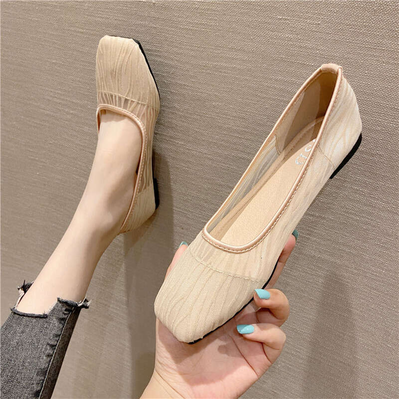 Korean Version Fairy Style Simple Mesh Breathable Shallow Mouth Square Toe Flat Shoes 2023 New Soft Sole Versatile Summer Sandals