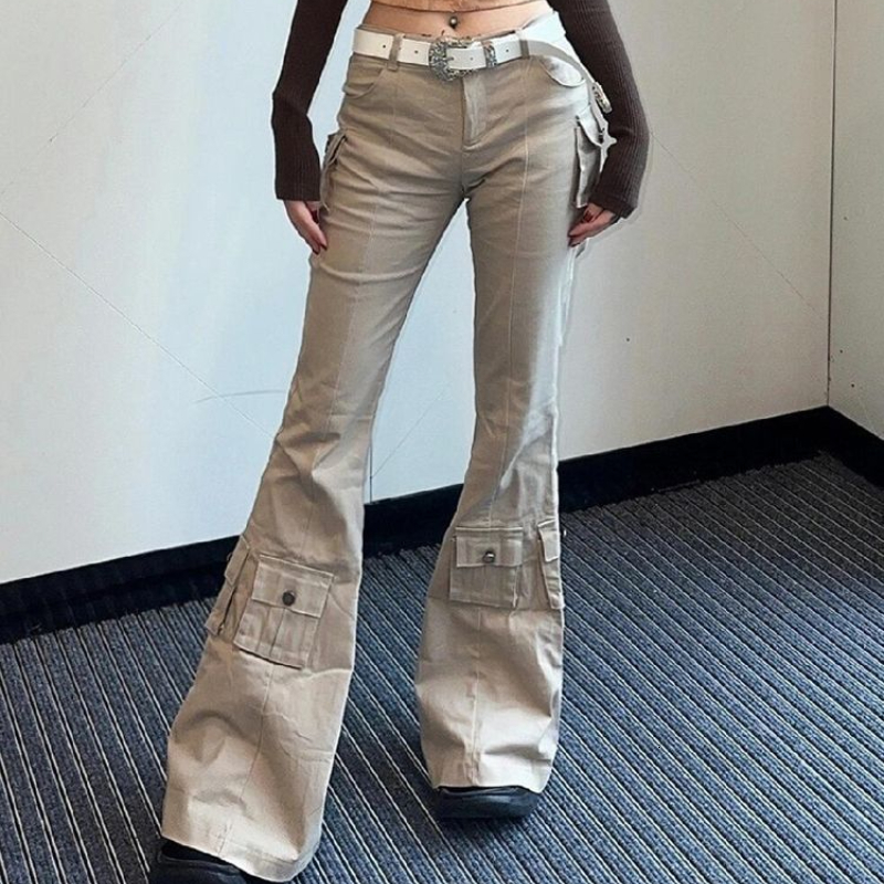 QWEEK Y2k Cargo Flare Jeans Woman Vintage Haruku Office Lady Pocket Denim Pants America Retro Street Fashion Trousers 2024