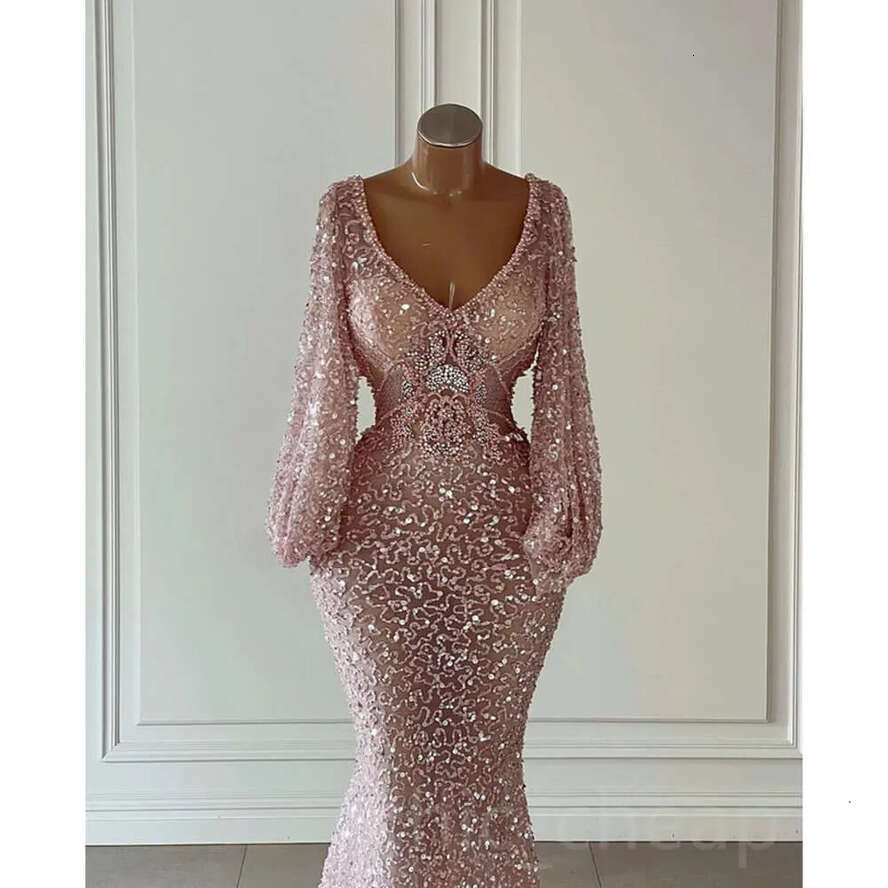 Pink Arabic Ebi Aso Mermaid Prom Dresses Sequined Lace Sexy Evening Formal Party Second Reception Birthday Engagement Gowns Dress ZJ