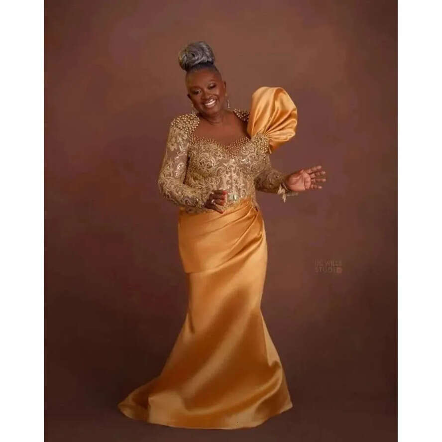 Gold Arabic Aso Ebi Nov Mermaid The Bride Dresses Satin Lace Beaded Evening Prom Formal Party Birthday Celebrity Mother Of Groom Gowns Dress Zjt
