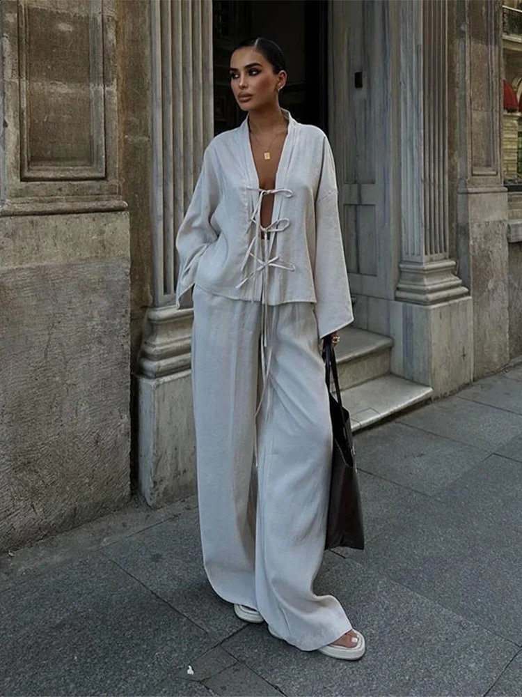 Women Cotton Line Pants Set Long Sleeve Lace Up Hollow Out V-neck Tops Wide Leg Trousers Suit 2024 Casual Lady Loose Outfits 241105