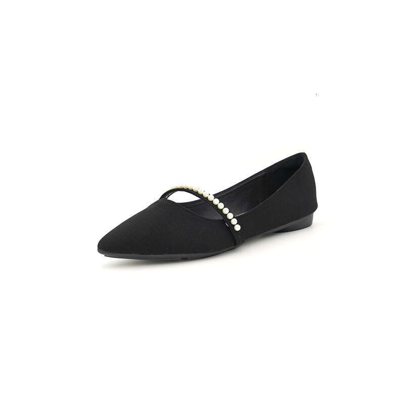 2023 Spring New Korean Edition Shallow Mouth Pointed Soft Bottom Fabric Pearl Lady Versatile Comfortable Flat Women's Shoes