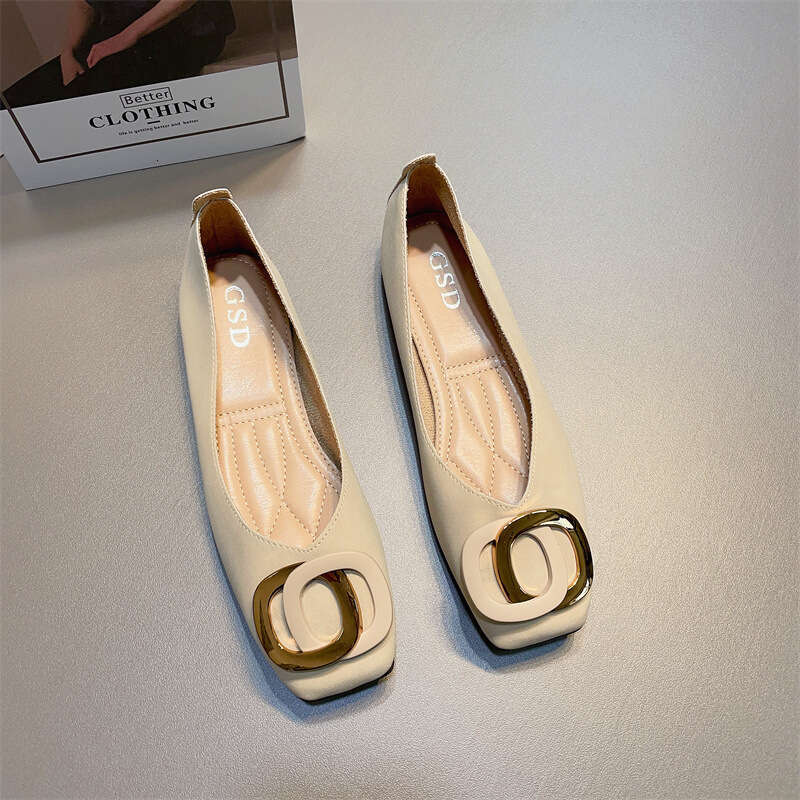 French Style Scoop Shallow Mouth Single Shoes, Women's Korean Version, Spring And Summer New Item, Metal Buckle, Gentle Style, Flat Bottomed Squa