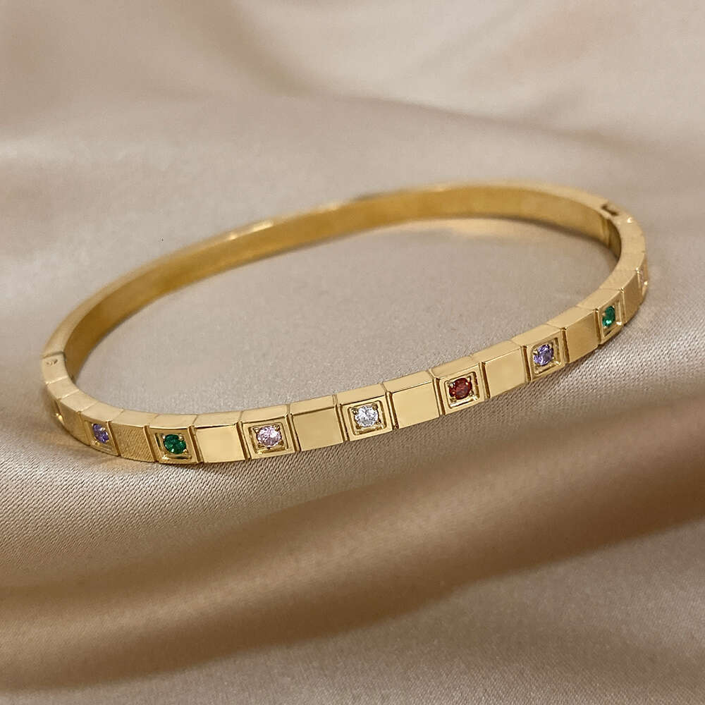 Stainless Chic 316L Fashion Jewelry Hot New Steel Bracelets for Women Romantic Inlaid Colorful Zircon Block Gold Plated Cuff Bangle Charm Jewelry Gift