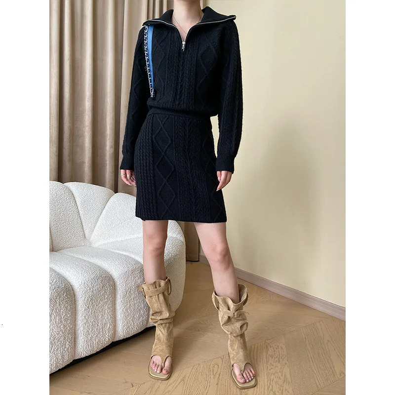 Women's Suit Fashion Commuter Solid Color High Quality Lapel Twist Knitted Pullover Sweater Mini Skirt 2Pcs Matching Set