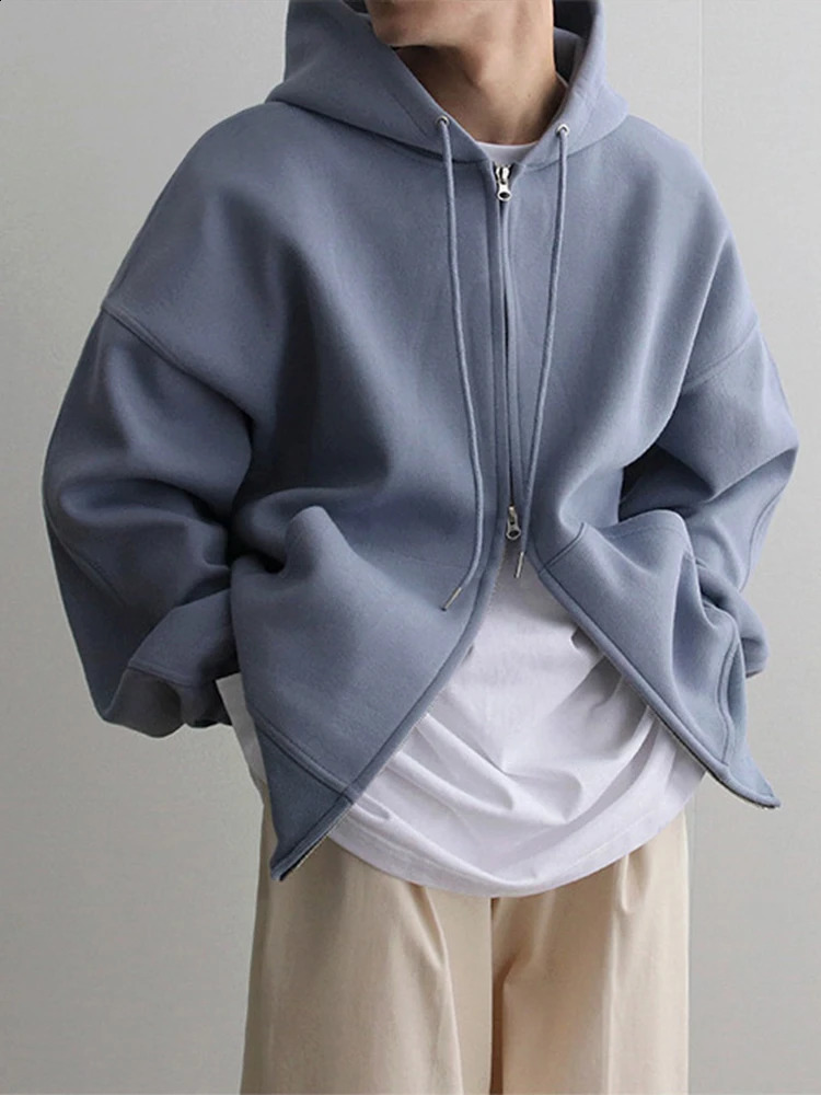 Mens Loose Long Sleeve Double Zipper Pocket Cardigan Hoodies Autumn Japanese Harajuku Solid Simple Versatile Hooded Jacket 241105
