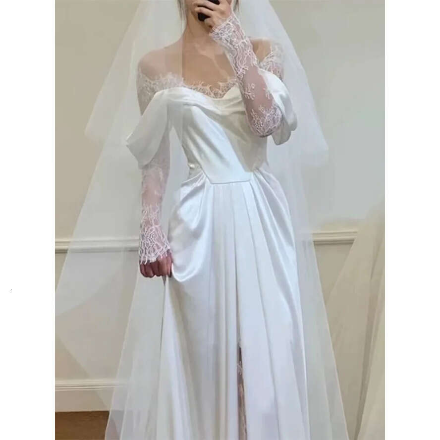 Dress White Newest Off Shoulder Long Sleeve Lace High Slit Or Length Wedding Dresses Romantic Vestido De Novia