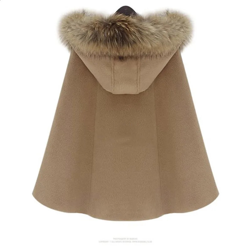 MAOMAOKONG Winter Natural Real Raccoon Collar Woolen Cloak Coat Poncho Women Shawl Female Clothing Capes Jackets 241105