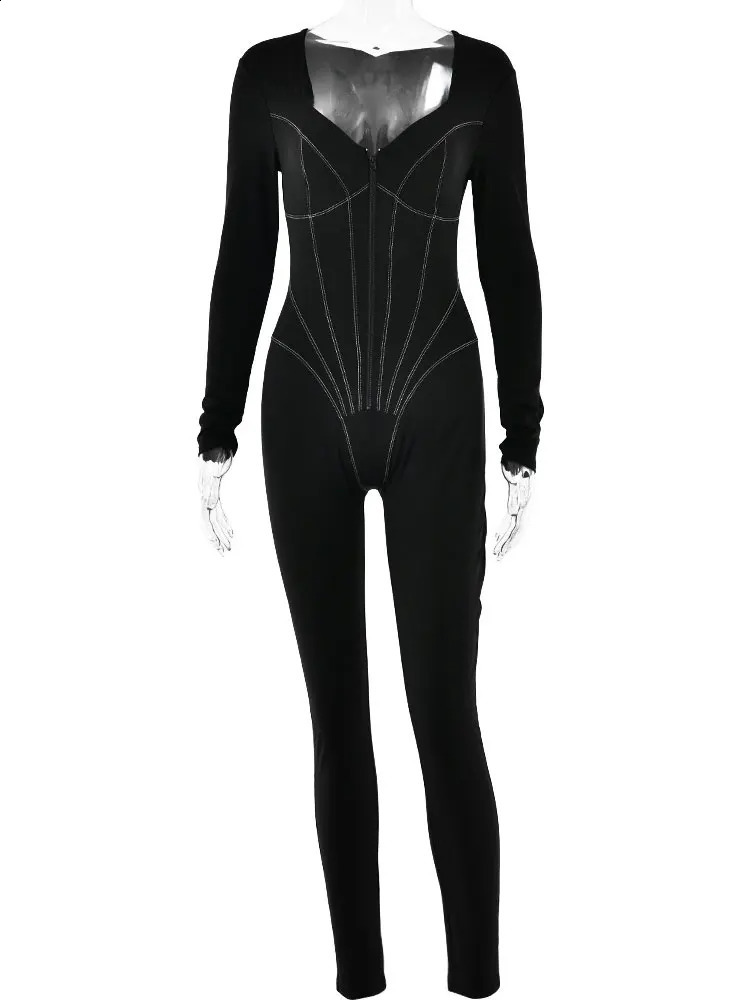 GACVGA striped long sleeved elastic tight sexy womens jumpsuit autumn zipper fashionable fitness sports jumpsuit 241031