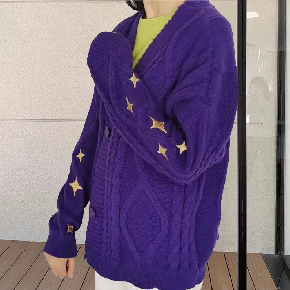 Women Loose Knitted Cardigans Coat Y2K Star Embroidery Sweaters Vintage Purple Streetwear Casual Single Breasted Long Sleeve Top 241105