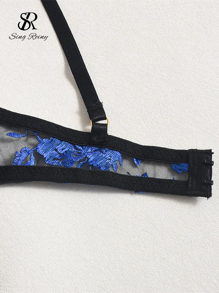 SINGREINY Fashion Gauze Embroidery Sexuality Bra Suits Transparent Slim Sleepwear Women Sheer Club Floral Erotic Lingerie Sets 241105