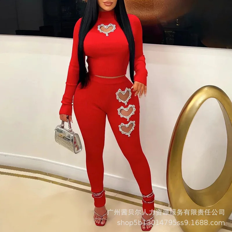Two Piece Sets Wome Sexy Solid Pant Set Turtleneck Full Sleeve Slim Fit Tops Hollow Out High Waist Long Pants Sheath 2024 241105
