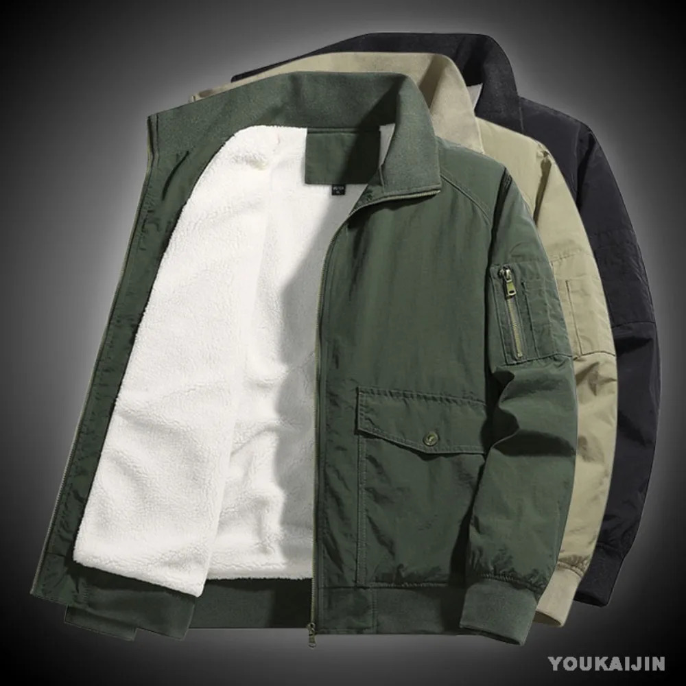 Winter Fleece Lined Turndown Collar Jackets Mens Sherpa Trucker Parka Green Work Cargo Coats Clothes Overcoats 241105