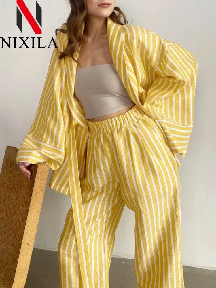 in Spring Summer Striped Long Sleeved Loose Tie Up Sets for Women 2 Pieces Fashion Leisure Pant Sets Elegant Womens Suits 241105