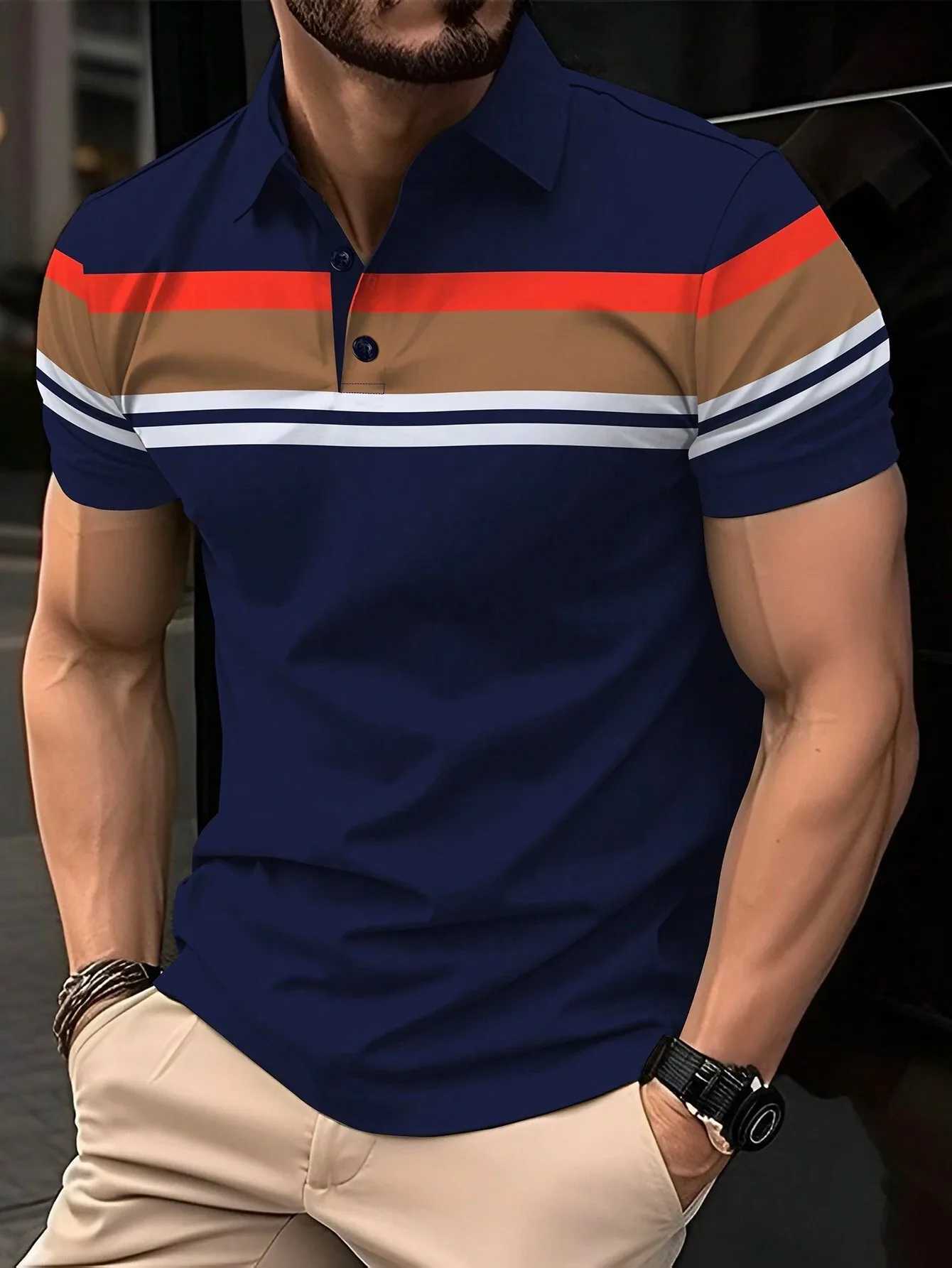 Solid color striped lapel trend mens summer T-shirt mens polo shirt button collar short sleeved zipper casual mens clothing W250414