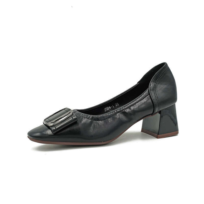 Rough Order Shoes For Women, Korean Version, Spring And Autumn New Item, Versatile Soft Leather Grandma Fashionable Square Toe High Heels, Work Shoes,