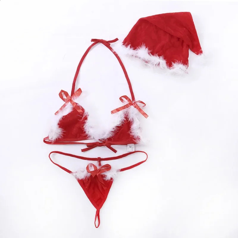 Sexy Santa Lingerie Lady Christmas Red Velvet Fluffy Bikini Sets Bra GString Thong Hat 3Pcs Bandage Exotic Set with Feather 241105