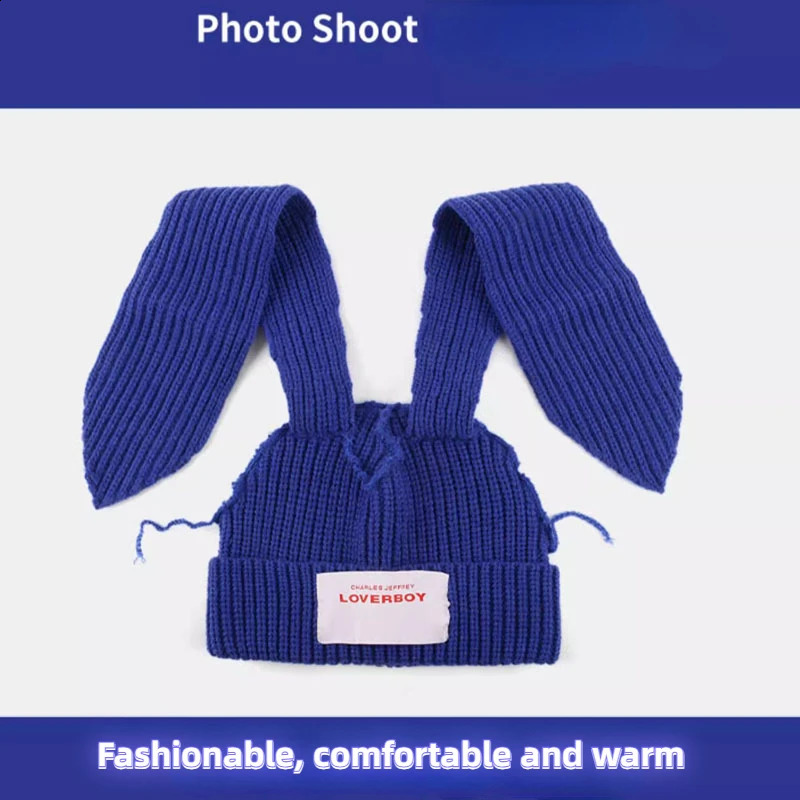 Y2k Knitted Wool Rabbit Ears Hat Love Boy n Personality Men Women Cute Fashion Warm Autumn Winter Trendy Hats 241105