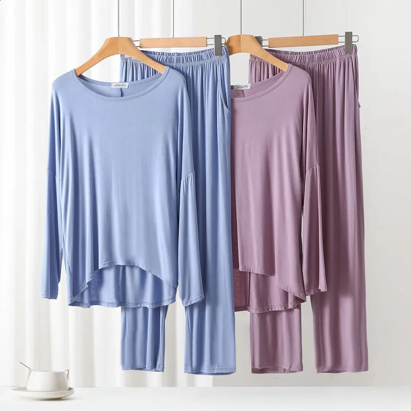 Model Skin-Friendly Long-Sleeved Trousers Pajamas Suit Womens Spring Autumn Section Loose and Comfortable Home Service 2-Piece 241105