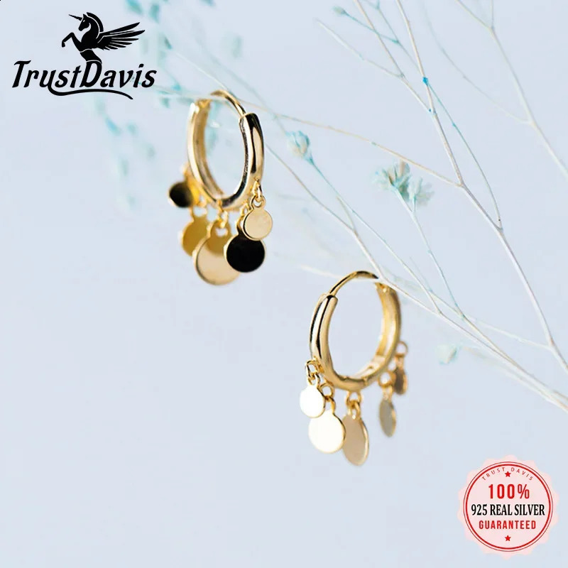TrustDavis 925 Sterling Silver Round Disc Tassel Pendant Hoop Earrings For Women Girls Party Daily Wear Jewelry DA2429 241105