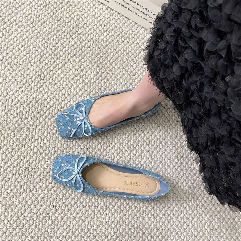 Xiaoxiangfeng French Soft Sole Single Shoe For Women's Spring And Summer Fashion, Crystal Sequin Fabric Versatile Butterfly Bow Flat Bottomed Sco
