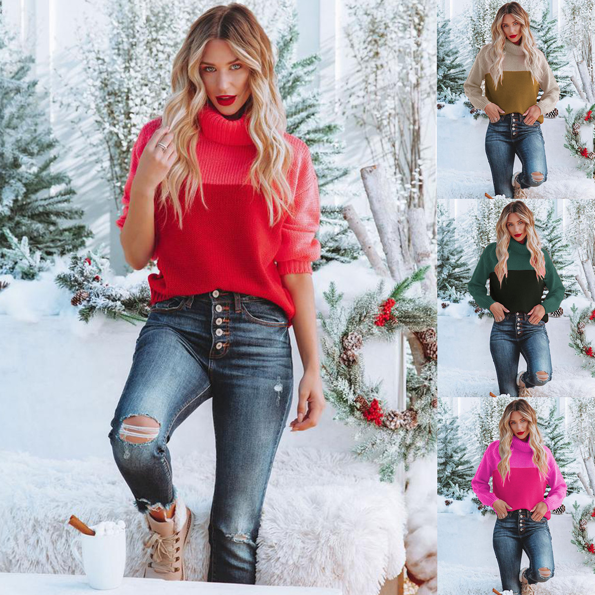 Autumn/Winter Temu Fashion Color Blocked High Neck Loose Casual Hoodie Women's Base Sweater Vintage Sweater