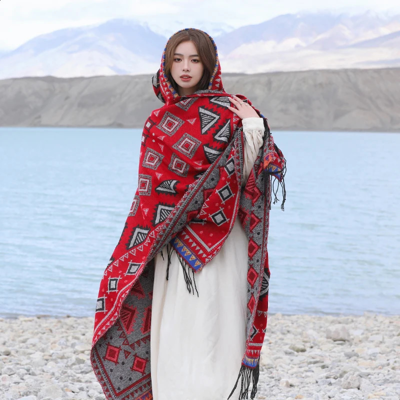 Vintage Geometric Print Hooded Poncho Women Warm Tassles Cloak Spring Autumn Cashmere Shawl 241105
