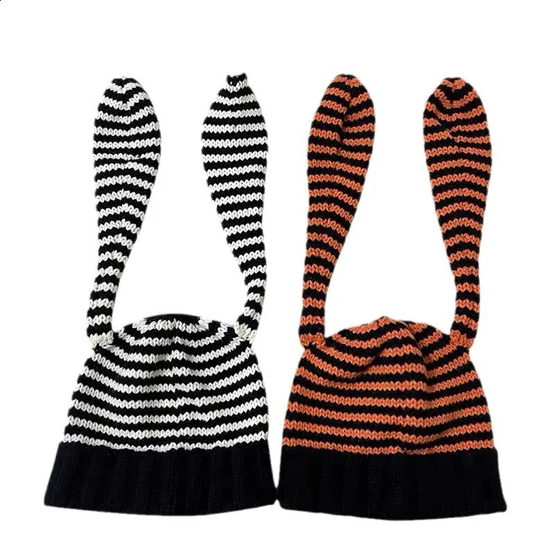 Y2K Beanie Hat Ins Rabbit Ear Devil Striped Knitted Wool Cap Autumn and Winter Crochet Bunny Ears Pointed Pullover Hats 241105