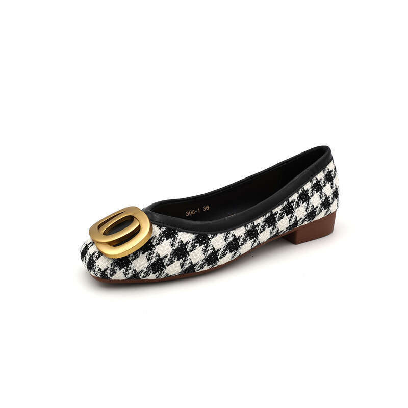 2023 New Korean Version Thousand Bird Grid Shallow Mouth Square Head Flat Single For Women, Metal Buckle Versatile Soft Bottom Thick Heel Scooter Shoe