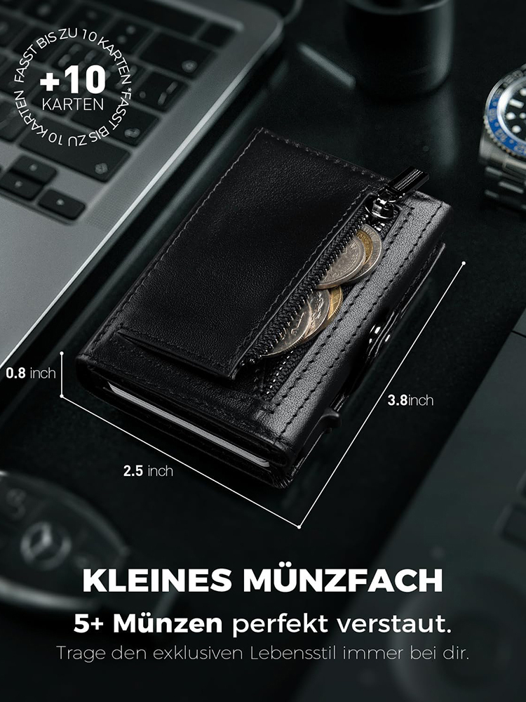 Retro Genuine Leather Automatic Card Bag Positioning Tracker Cowhide Money Case With Pull-out Metal Aluminum Card Box