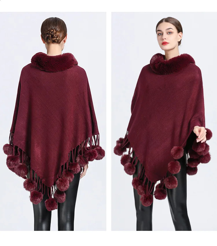 Poncho Scarf Fur Ball Decoration Shawl Faux Collar Womens Cape Fringed Asymmetric Cover Up Diamond 241105