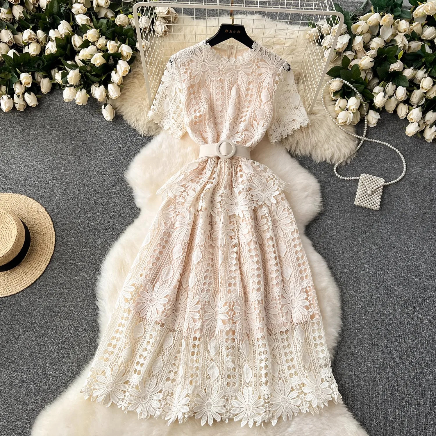 Basic Casual Dresses 2024 Runway Crochet Hollow Out Pink Midi Lace Dress for Women 2024 Summer Short Sleeve Embroidery Party Dress Elegant Holiday Rob