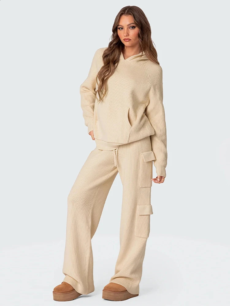 Casual Pants Sets Women Solid Hoodies Knit Long Sleeve Sweatshirts High Waist Pockets Pant Female Suit 2024 Autumn Lady Outfits 241105