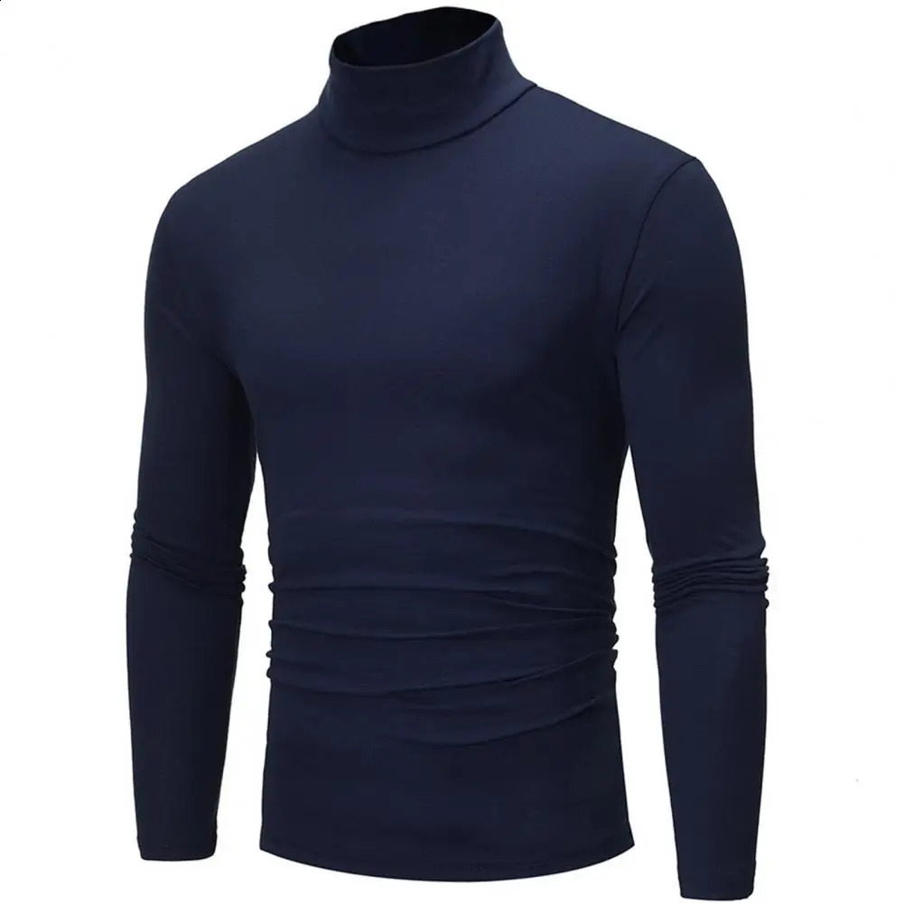 Men Tshirt Autumn Winter Slim Fit Bottoming Turtleneck Long Sleeve Solid Color Elastic Thin Pullover Tops Streetwear 241105