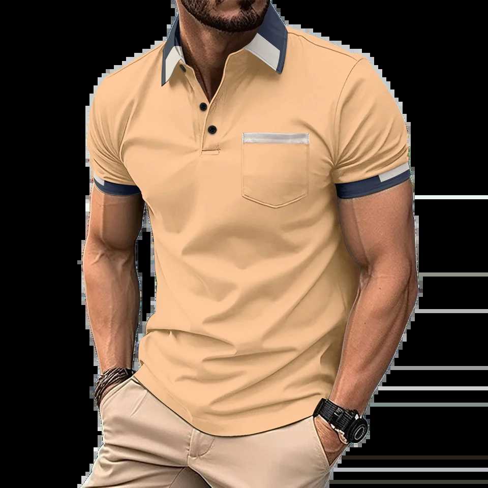 2024 new mens casual shirt chest pocket V-neck button stripe splicing solid color lapel mens slim fit shirt W241104