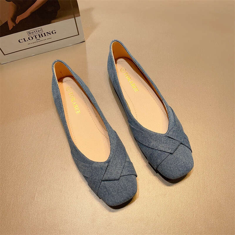 Tmpramnt Fairy Styl Comfortabl Soft Sold Ban Shos For Womn Koran Vrsion Nw Dnim Fabric Surfac Simpl Shallow Mouth Squar To Flat Sol Singl