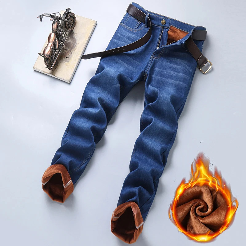 2024 Winter Casual Mens Warm Fleece Jeans Classic Style Business Thicken Fur Regular Fit Denim Pants Plush Trousers 241105