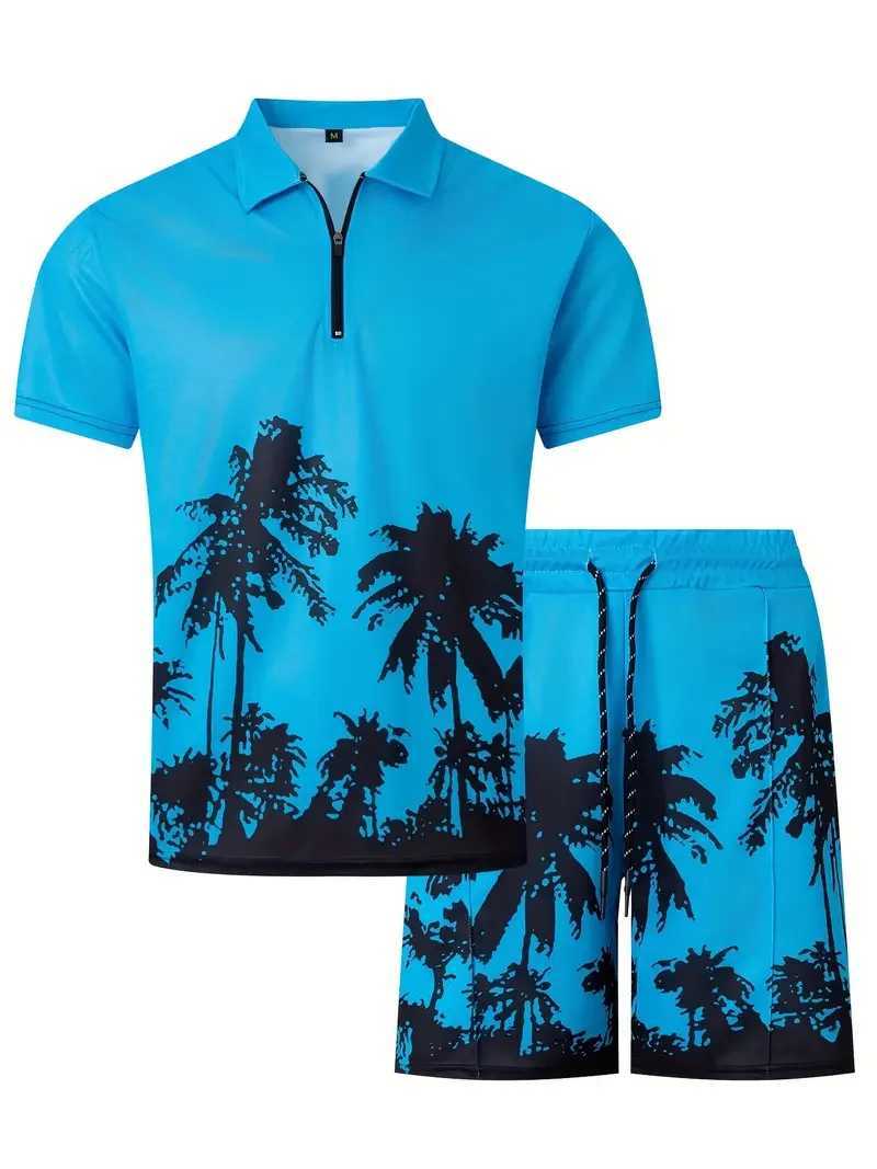 Mens 3D printed coconut Tr pattern zipper shirt+shorts 2-piece neutral fashion casual simple matching style clothing W241104