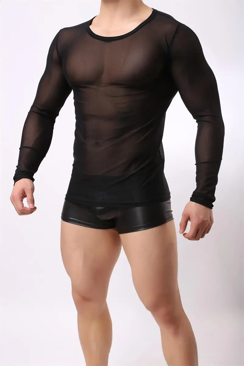 CLEVERMENMODE Mens Sexy TShirts Mesh Tee Shirt Undershirt Homme Long Sleeves Men T Shirts Male Transparent See through 241105