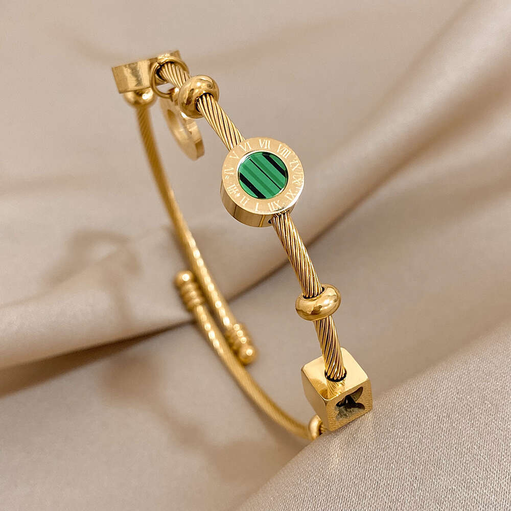 Fashion Stainless Golden Fashion New Hot Jewelry Steel Bangle with Green Stone & Numerals for Women Men Cuff Waterproof Daily Wear Jewelry Gifts