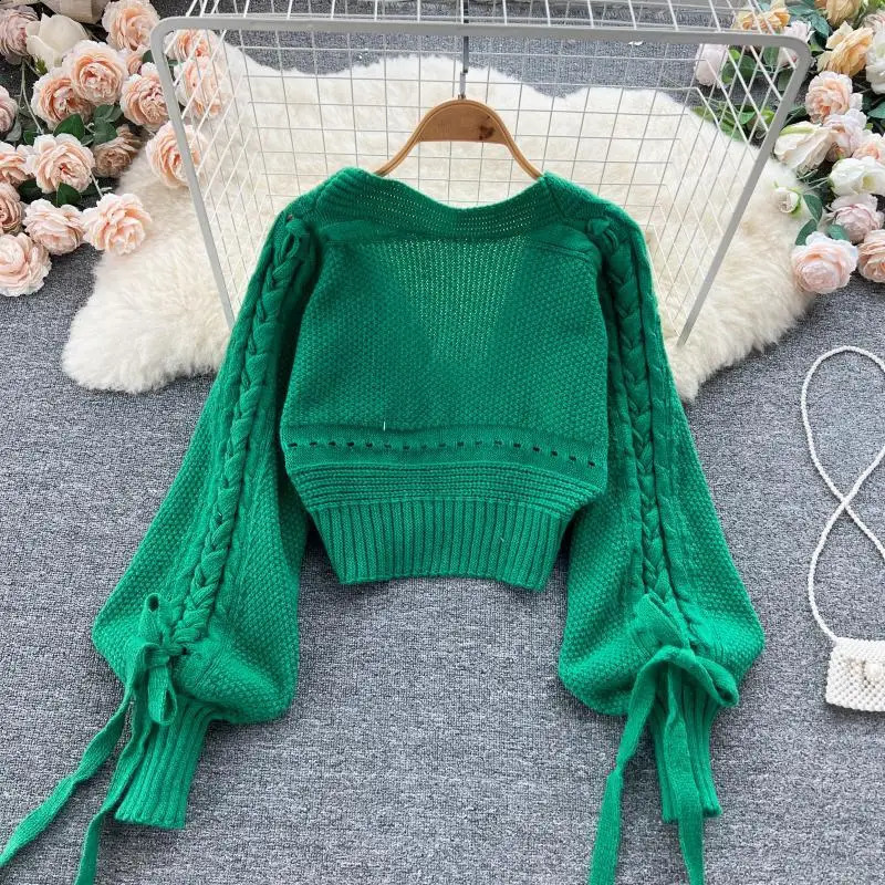 Green Casual Acrylic Knit VNeck Lantern Long Sleeve Lace Up Womens Cardigan Sweater Short For Women Clothing 2024 241105