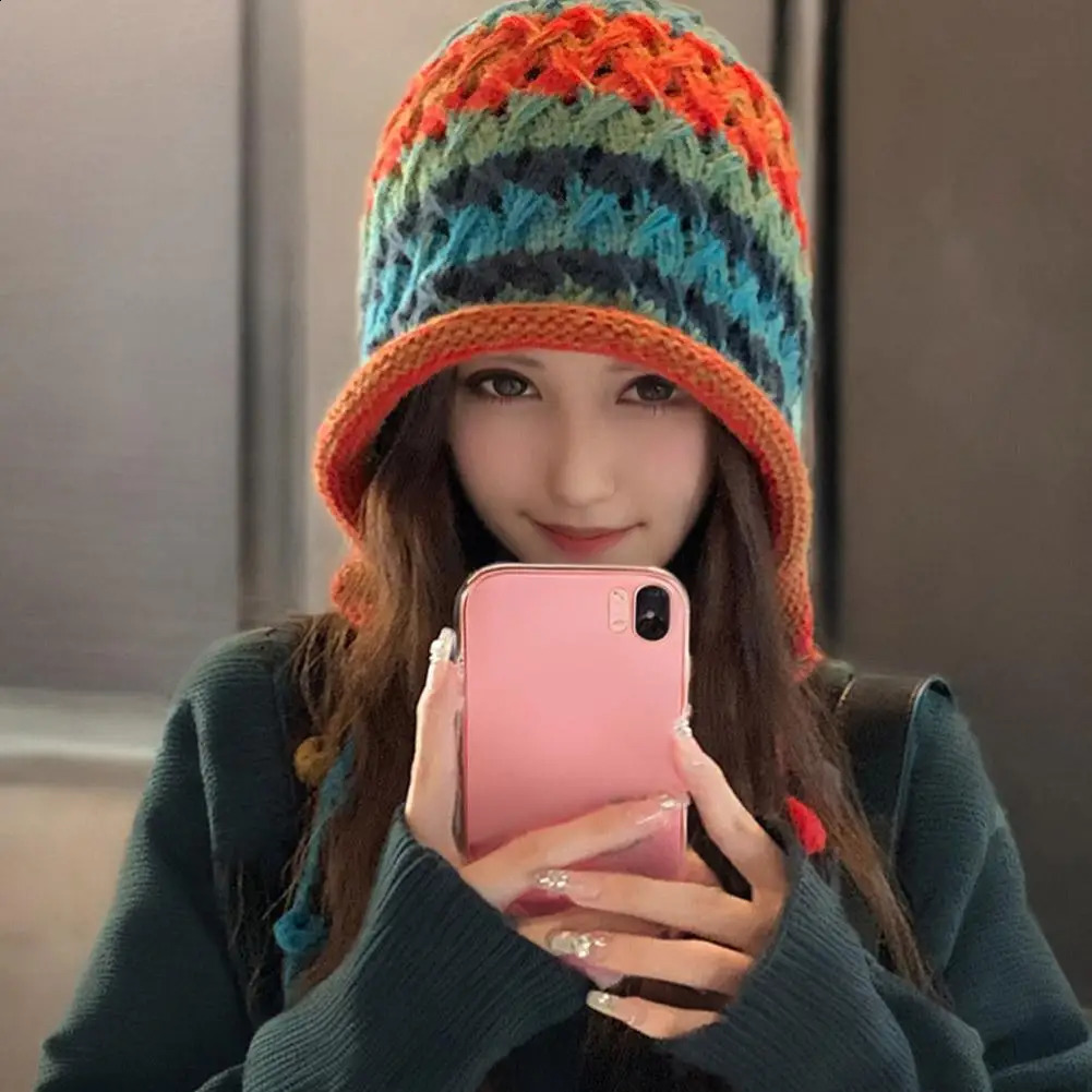 Women Winter Knitted Cap Plush Ball Decor Elastic Thick Hollow Out Beanie Soft Warm Regular Fit Ear Protection Lady Hat 241105