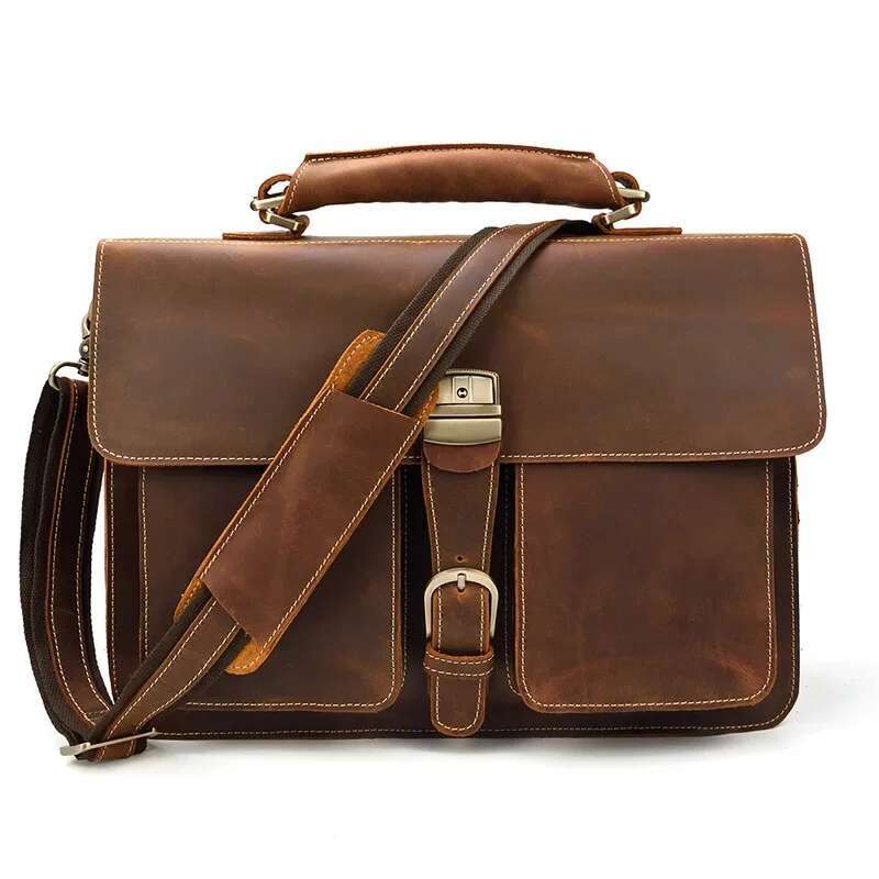 Mens Briefcase Laptop - Genuine Cow Leather Office Tote, Business Travel Messenger, Shoulder Crossbody Bag For Men