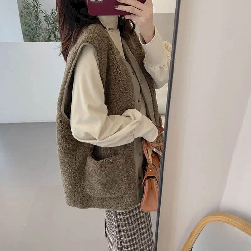 Womens wool vest plush vest O-neck casual sleeveless cardigan wool sweater loose womens top 241105