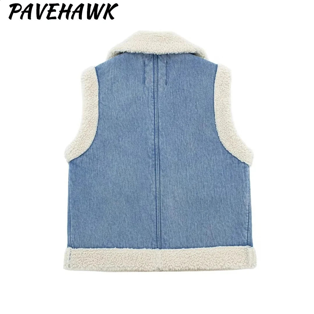 Womens denim wool synthetic sheepskin vest jacket autumn sleeveless pocket jacket casual thick loose fashionable chic jacket 241105