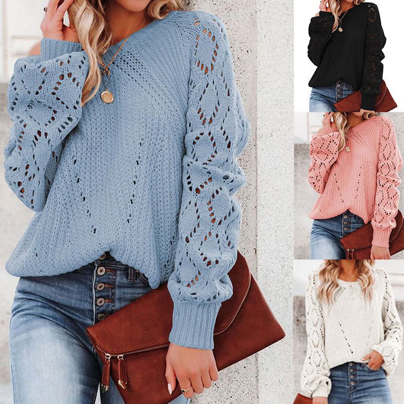 Hollow Pattern Round Neck Sweater Solid Color Loose Top Women's Autumn And Winter New Item