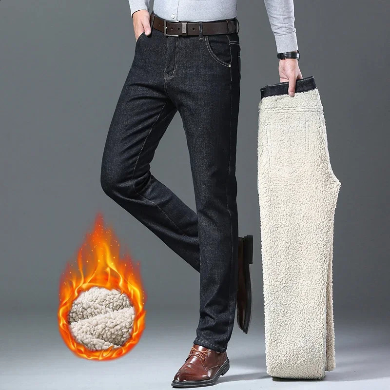 Winter Mens Fleece Thick Sherpa Jeans Business Casual Velvet Straight Denim Pants Male Wool Plush Classic Stretch Trousers 241105