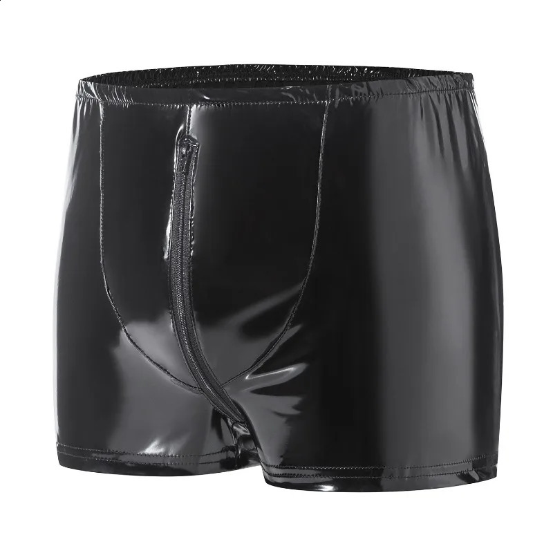Sexy Zipper Boxer Man Underwear PVC Faux Leather Briefs Gay Rear hollow Shorts Black Wetlook Male Performance Underpants 241105