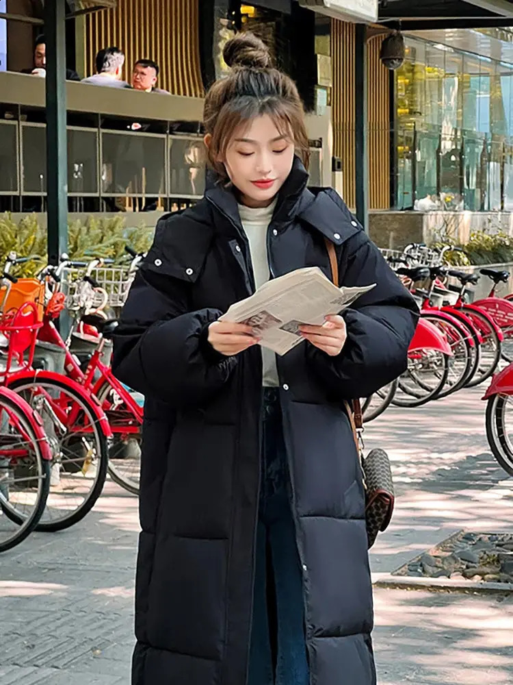 Vielleicht 2024 Korean Jacket Women Winter X-long Parkas Solid Hooded Thicken Warm Female Snow Wear Coat Padded Loose Clothes 241105