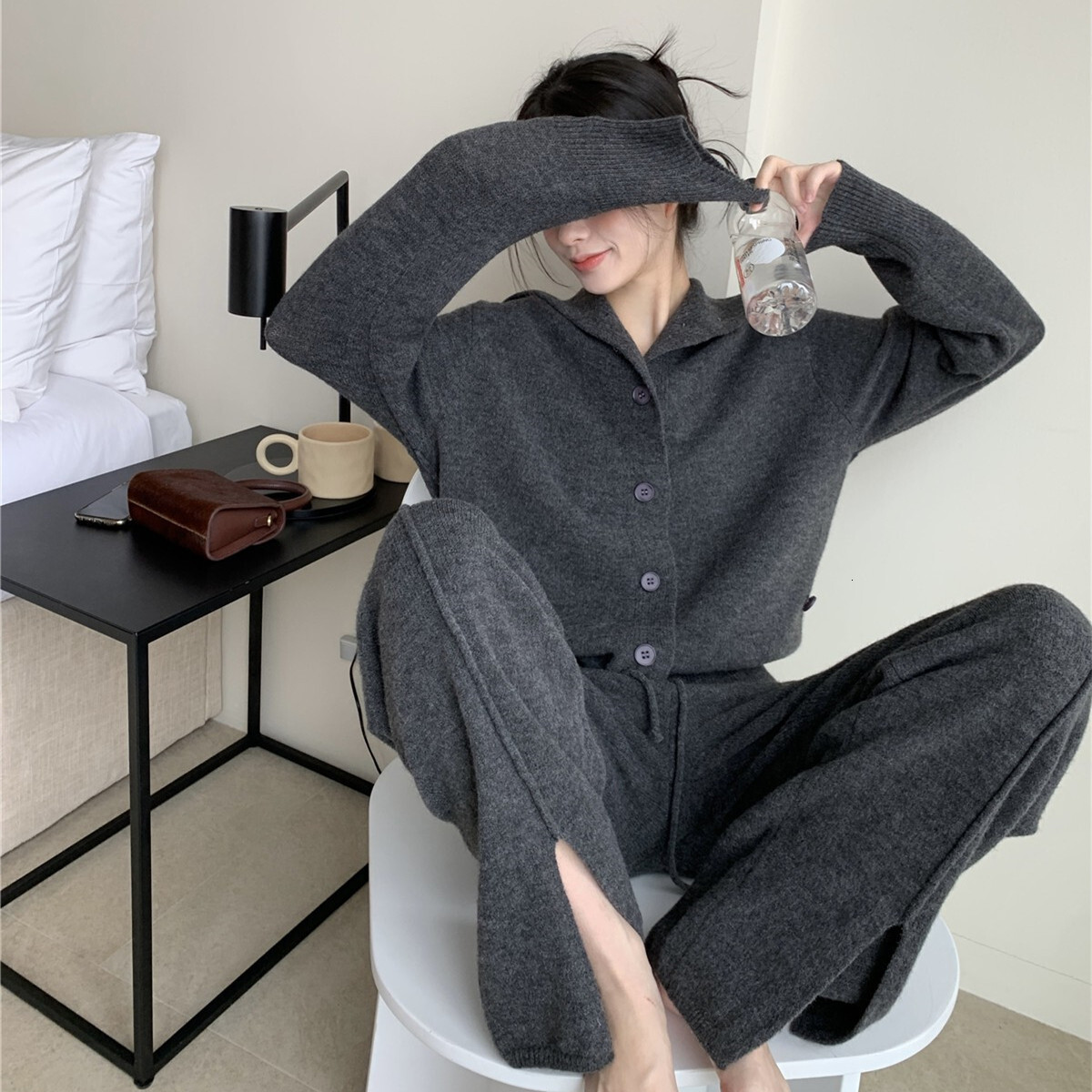 Women's Casual Sportswear Lapel Single-Breasted Knit Cardigan Baggy Wide-Legged Trousers 2Pcs Matching Set Pants Suit